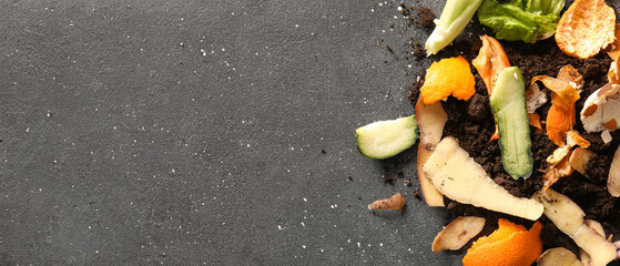 Organic waste and soil on grey grunge background. Compost recycling concept
