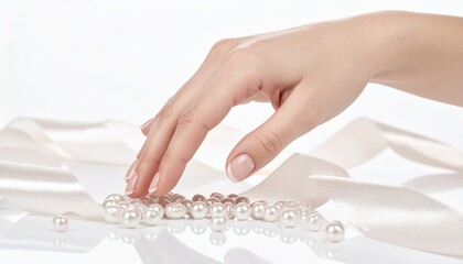 Elegant female hand with nude manicure touching pearls and silk ribbon