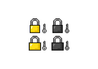 Pixel art of four padlocks with matching keys in yellow and gray, symbolizing security, protection, and digital safety in a retro style.