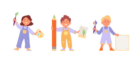 Children artists holding paintbrush, pallette, canvas and giant colored pencil. Happy boys and girl drawing pictures