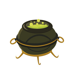 Witch boiling cauldron with green potion. Wizard pot Halloween concept vector illustration
