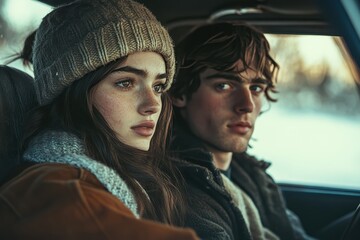 Young couple enjoys an adventurous road trip together in a vintage car surrounded by nature under a beautiful sunset