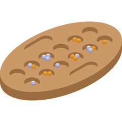 Oval Shaped Brown Colored Board Game with Small Round Pieces in Depressions on a Transparent Background