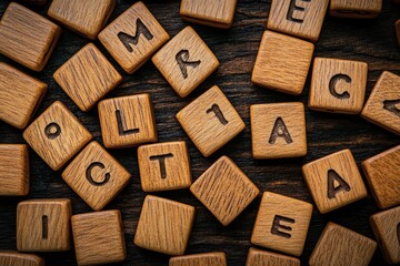 Colorful wooden Scrabble tiles arranged on a dark wooden surface forming various words and letters, showcasing the beauty of game craftsmanship and personal creativity