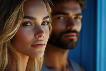 Handsome man and beautiful woman stand side by side against a blue backdrop in an outdoor setting during golden hour, radiating charm and elegance while sharing a moment together