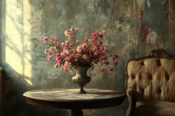 Vintage coffee table adorned with a vase of delicate flowers in a rustic setting, capturing a blend of elegance and nostalgia