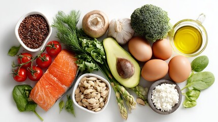 Fresh salmon, avocado, eggs, and vibrant vegetables create a healthy, balanced meal plan