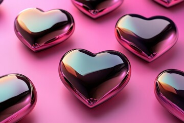 Colorful pink hearts with shiny surfaces arranged on a vibrant pink colored background creating a playful and cheerful atmosphere for special occasions