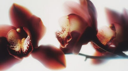 Soft dreamy macro shot of red orchids glowing in gentle light with delicate petals ideal for spa branding, botanical wallpapers, and romantic floral design visuals © Anastasiya Ri