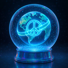 Glowing holographic earth inside crystal glass globe with peace symbol, futuristic world unity concept, digital blue technology design representing global harmony hope sustainability and universal con