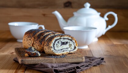 Rustic-style photo featuring a wooden cutting board with sliced poppy seed roll, a linen napkin, and vintage tea set. Warm natural lighting enhances the handcrafted, comforting mood.