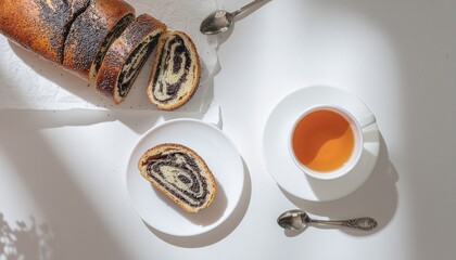 An artistic top-down view of a table setting with a whole poppy seed roll, neatly sliced pieces, a white teacup, and a silver spoon. Minimalist composition with a bright, airy background 