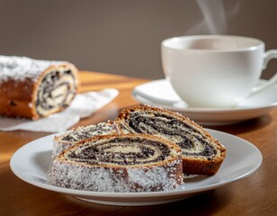 A close-up of sliced poppy seed roll cake with sugar icing on a white plate, beside a steaming cup of tea. Soft morning light falls on the wooden table, creating a cozy, homemade atmosphere.