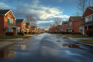 Residential neighborhood with wet pavement reflecting clouds and sunlight after a rainstorm in a suburban area