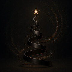 Elegant minimalist Christmas tree spiral with glowing golden star on dark background, luxury holiday design concept, modern festive abstract decoration, black gold aesthetic art composition celebratio