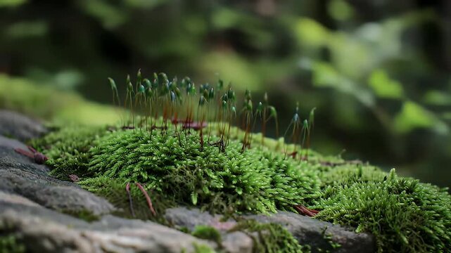 Macro Close Up of Green Moss and Spores Growing on Rock