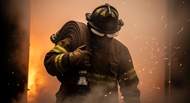Firefighter in Protective Gear Carrying Hose in Fiery Smoke Filled Scene