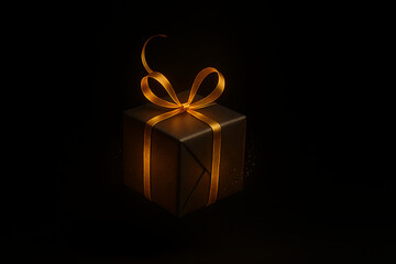 Luxury gift box wrapped with glowing golden ribbon on dark background, elegant premium present concept, minimal festive design for celebration, birthday, christmas, anniversary, surprise event lightin