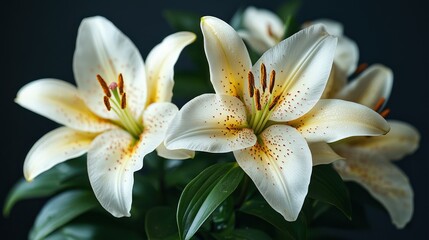 Close-up of three cream-colored lilies with dark-spotted details on a dark background