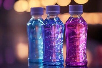 Colorful plastic bottles of body care beauty products lined up on a reflective surface under soft lighting