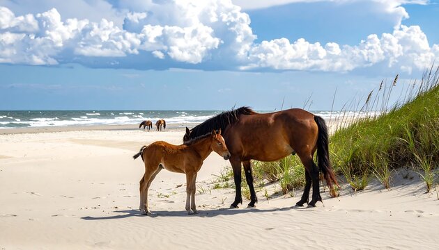 Horses graze peacefully on a sandy beach with ocean waves and a cloudy sky in the background - Powered by Adobe