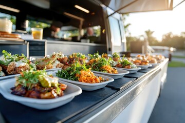 Gourmet fusion bites showcased on trendy food truck warm sunlight intricate plating outdoor setting
