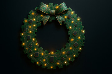 Christmas wreath made of electronic circuit board with glowing LED lights and golden bow, futuristic technology holiday decoration concept, digital innovation festive design blending tech and celebrat