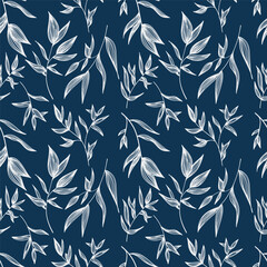 Seamless realistic drawings. Christmas leaves, blue and white.
