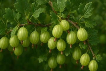 european gooseberry branch with ripe green fruits and leaves

