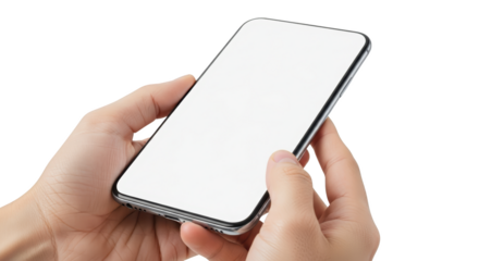 Person's hands holding modern smartphone with blank white screen isolated with Mobile phone Device Technology Transparent background Mockup Digital Communication