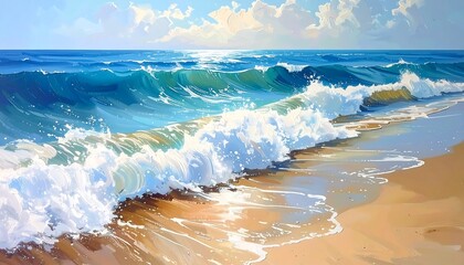 A vibrant coastal scene with crashing waves and a sunny sky
