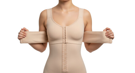 Close up of a person wearing a beige compression garment with hooks and eye closure and arm bands isolate shapewear body shaping eyes torso waist medical garment