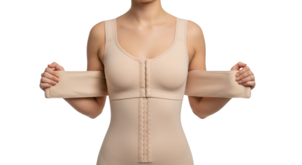 Close up of a person wearing a beige compression garment with hooks and eye closure and arm bands isolate shapewear body shaping eyes torso waist medical garment