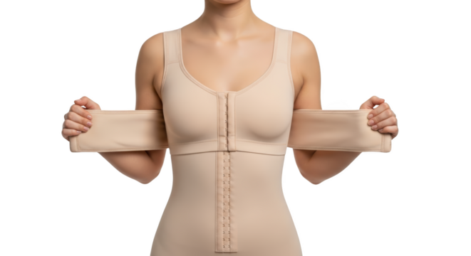 Close up of a person wearing a beige compression garment with hooks and eye closure and arm bands isolate shapewear body shaping eyes torso waist medical garment
