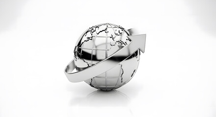 Metal globe with upward arrow symbolizing global business growth