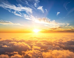 Aerial view of a radiant sunrise over a sea of fluffy clouds