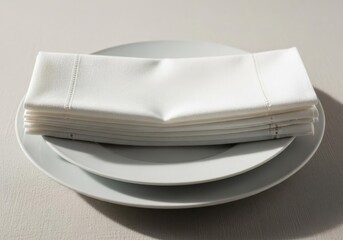 Stacked White Napkins on Gray Plates for Table Setting
