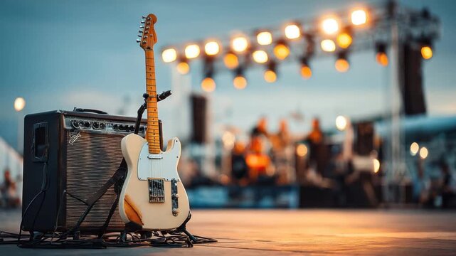 A guitar and amp sit stage-side, lights blurred behind a band at an evening outdoor event