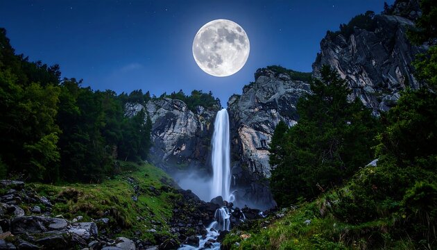 Majestic waterfall cascading under a full moon's glow, surrounded by lush vegetation under a night sky - Powered by Adobe