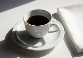 Cup of Dark Coffee Sitting on White Table with Cloth Napkin and Sunlight