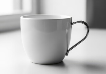 Ceramic White Mug with Metal Handle on Table in Soft Studio Lighting