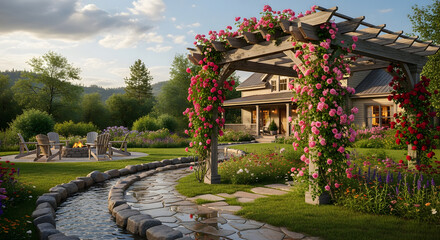 Idyllic garden retreat with a rose-covered pergola, winding stream, and charming house in a picturesque landscape, offering serene outdoor living