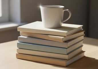 Stacked Books with White Mug Soft Neutral Tones Calm Still Life
