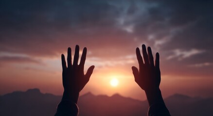 A breathtaking sunset is framed by warm cupped hands, capturing the vibrant golden sun in a spiritual nature scene filled with glowing light and hope