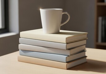 Stacked Books with White Mug in Soft Lighting on Wood Table