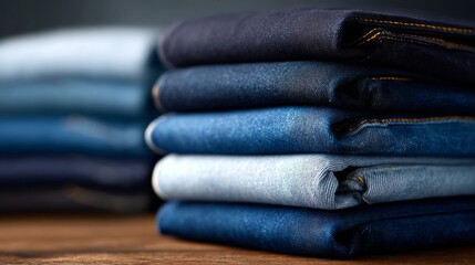 A stack of blue jeans on a wooden table