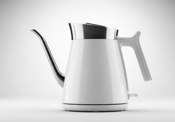 Modern White Kettle with Steel Spout and Handle on White Surface