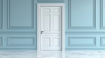 Light blue walls, white door, marble floor interior design. Possible use for home decor catalog or architecture magazine