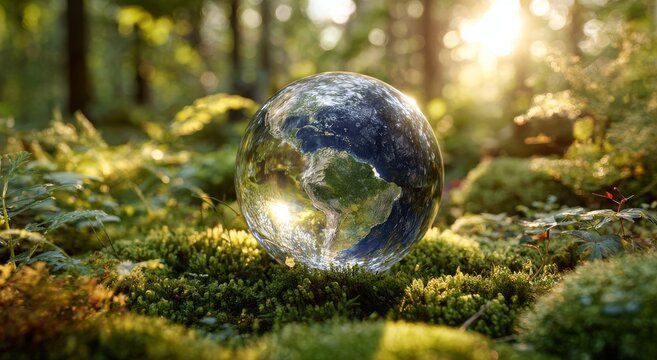 A sustainable environment, ecology, and nature conservation are beautifully represented by a glass earth globe set in moss, evoking the idea of a green world and the adoption of an eco-friendly