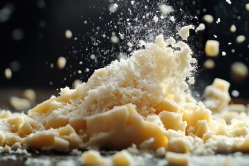 Freshly grated parmesan cheese with fine particles falling on a wooden surface creating a flavorful culinary masterpiece